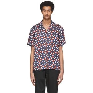 Saturdays NYC Camp Collar Shirt Mens M Navy Red Handshake Print Lyocell Resort